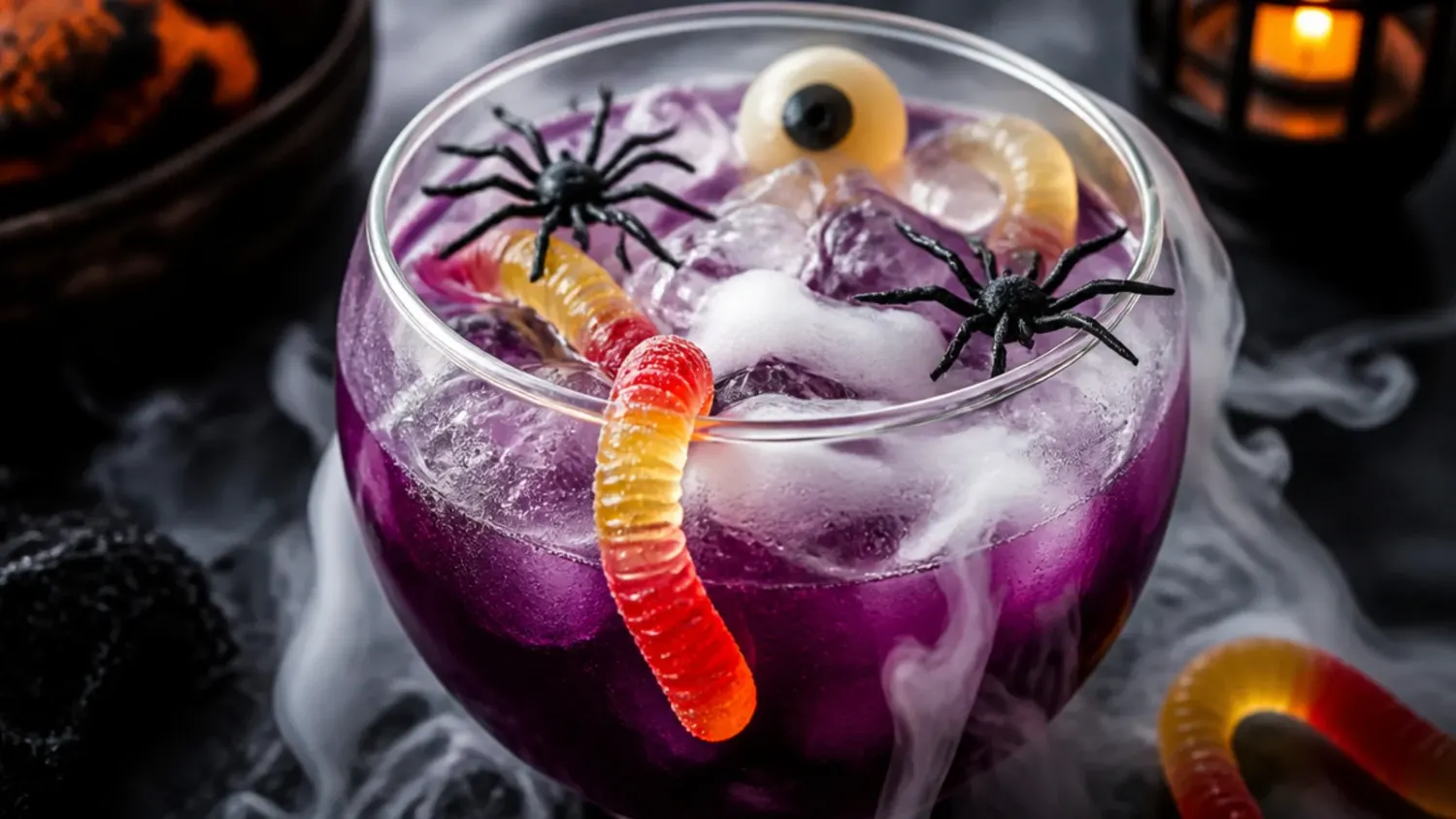A spread of colourful cute Halloween drinks in glasses garnished with candy eyeballs, gummy worms and orange straws on a black tablecloth