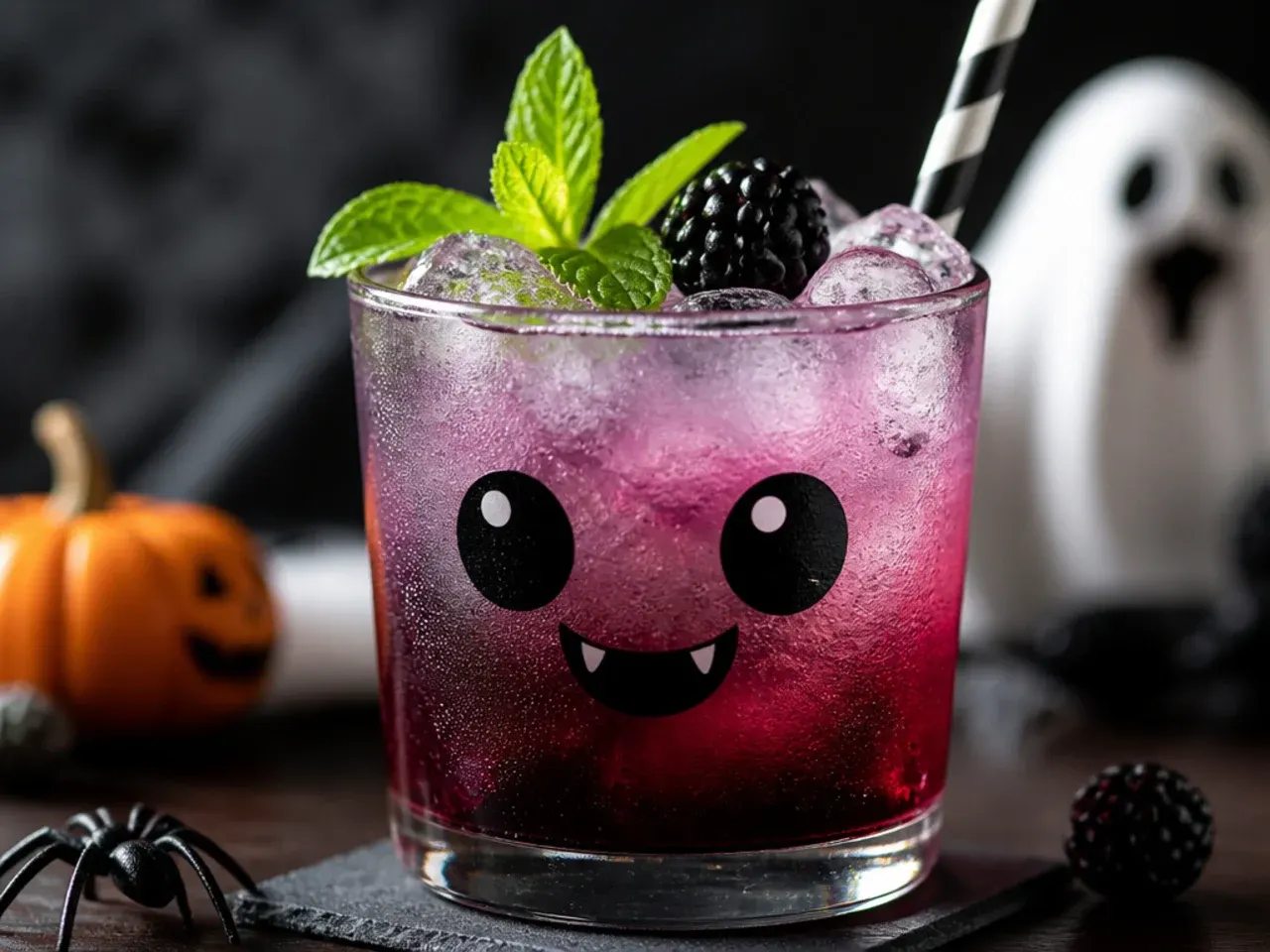 Overhead shot of a Halloween party table with several cute Halloween drinks in different colours