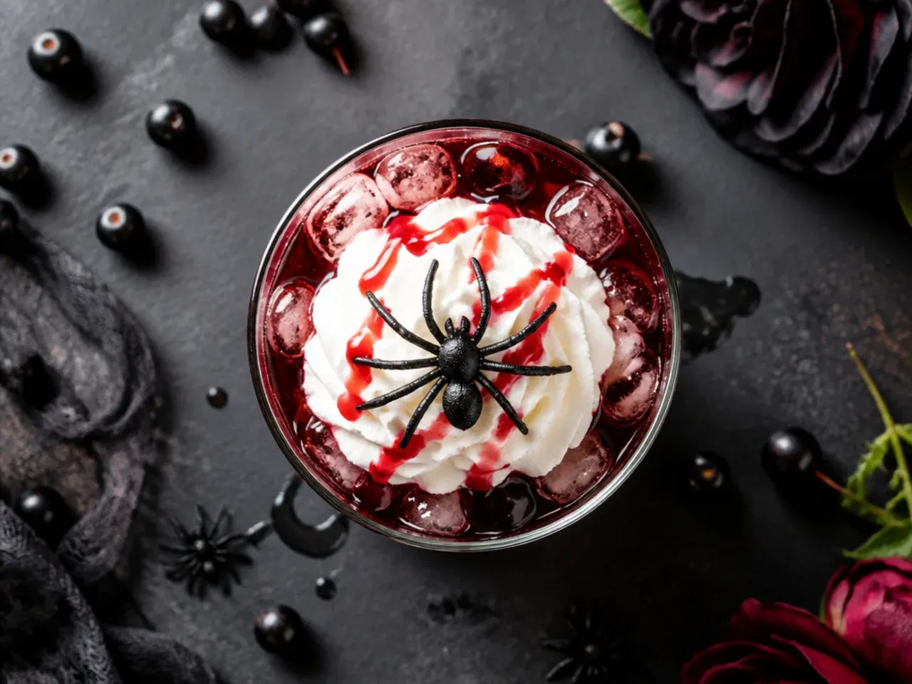 Tall glass of dark iced blackberry hibiscus tea with grenadine sinking to the bottom, garnished with blackberries