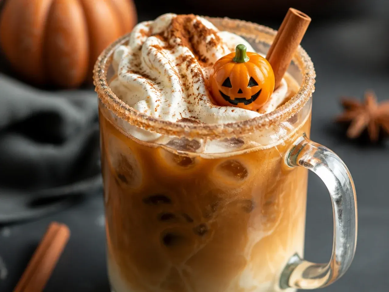 Pumpkin spice latte in a clear glass mug with milk foam and a dusting of cinnamon on top
