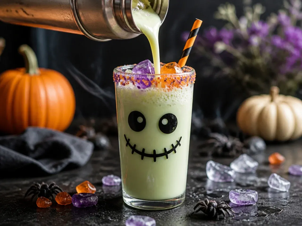 Green monster milkshake in a glass with whipped cream, cookie crumb rim and candy eyeball garnish