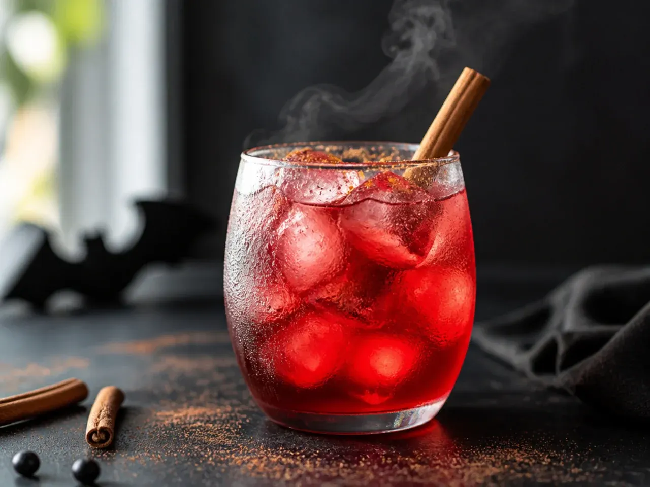 Ruby red vampire's kiss mocktail in a glass with a red sugar rim and lime wedge garnish