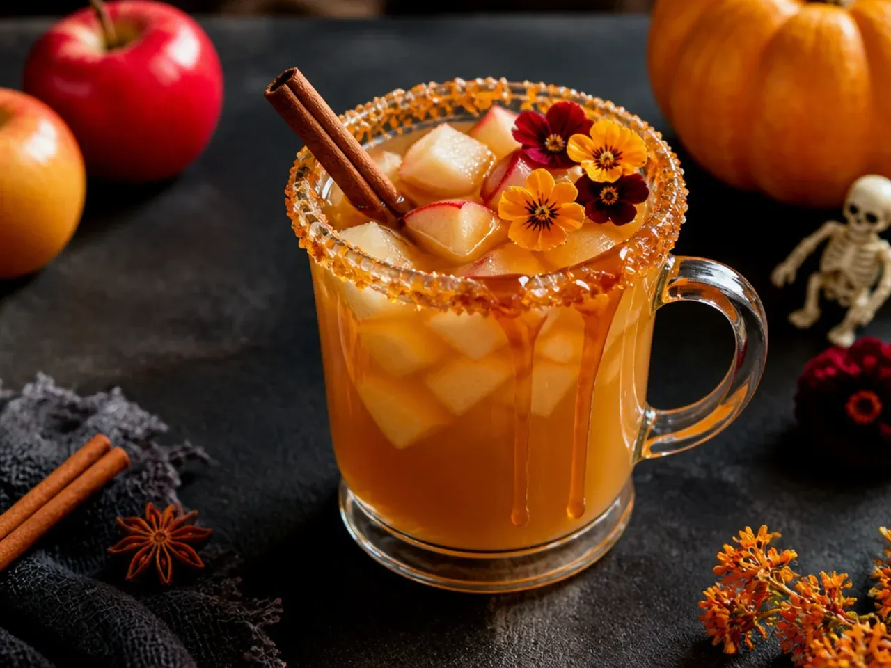 Mug of warm caramel apple cider with whipped cream, caramel drizzle and a cinnamon stick