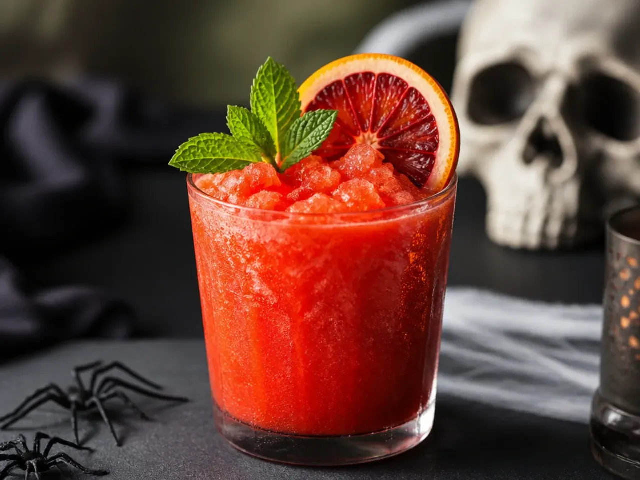 Bright red-orange frozen slushie in a glass with a blood orange wheel garnish