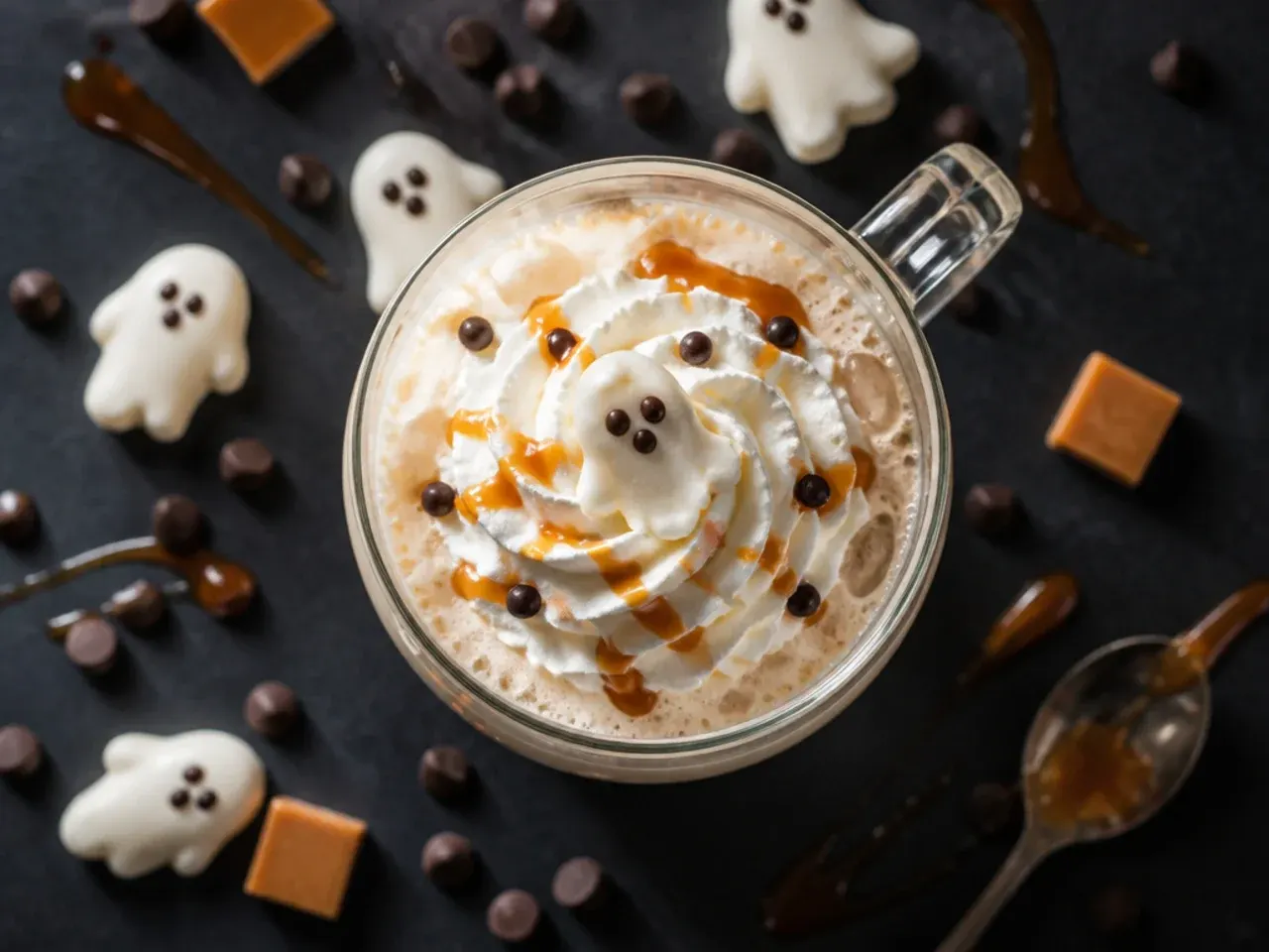 Root beer float with vanilla ice cream shaped like a ghost using chocolate chip eyes