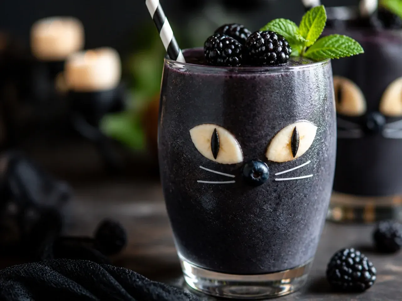 Deep purple black cat smoothie in a glass decorated with liquorice ear shapes and candy eyes