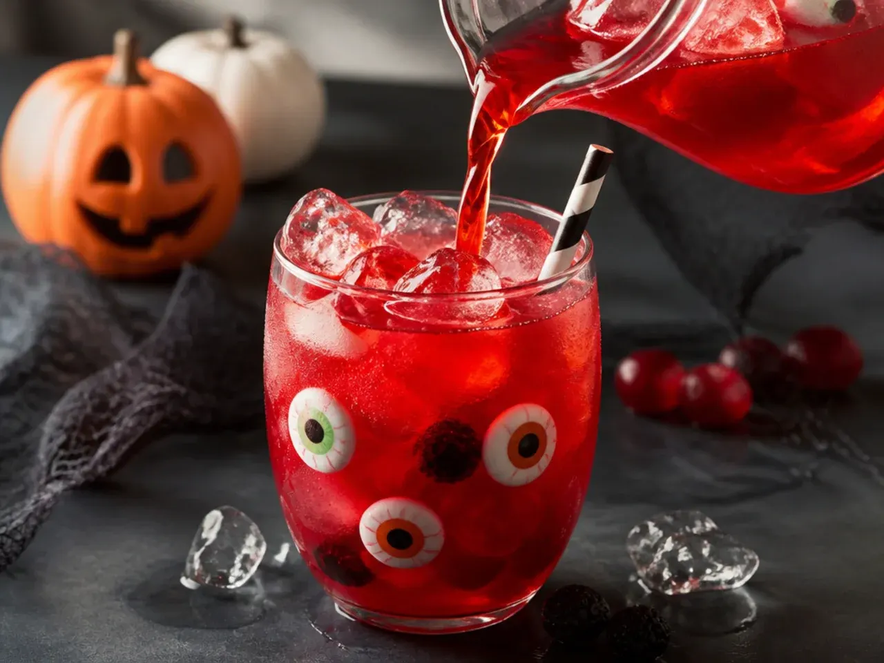 Red festive punch in a bowl with ice cubes containing frozen candy eyeballs