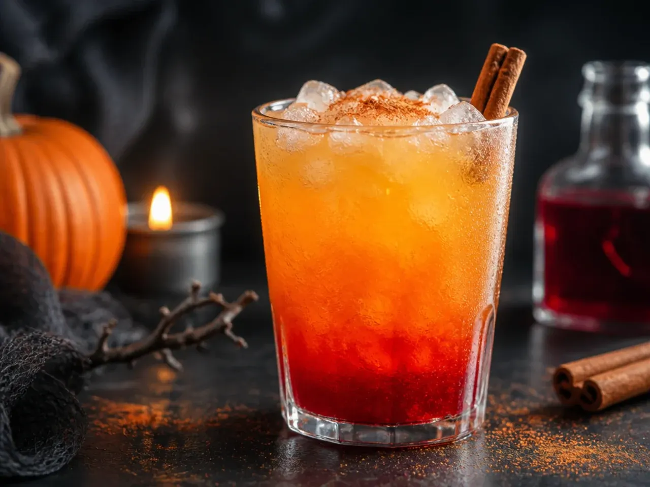 Layered sunset-coloured zombie mocktail in a glass with red grenadine sinking through orange juice