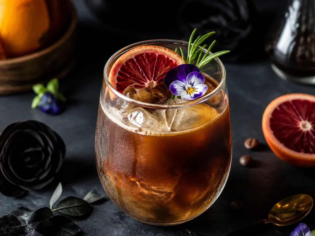 Espresso tonic drink in a glass with dark coffee marbling through clear tonic water over ice