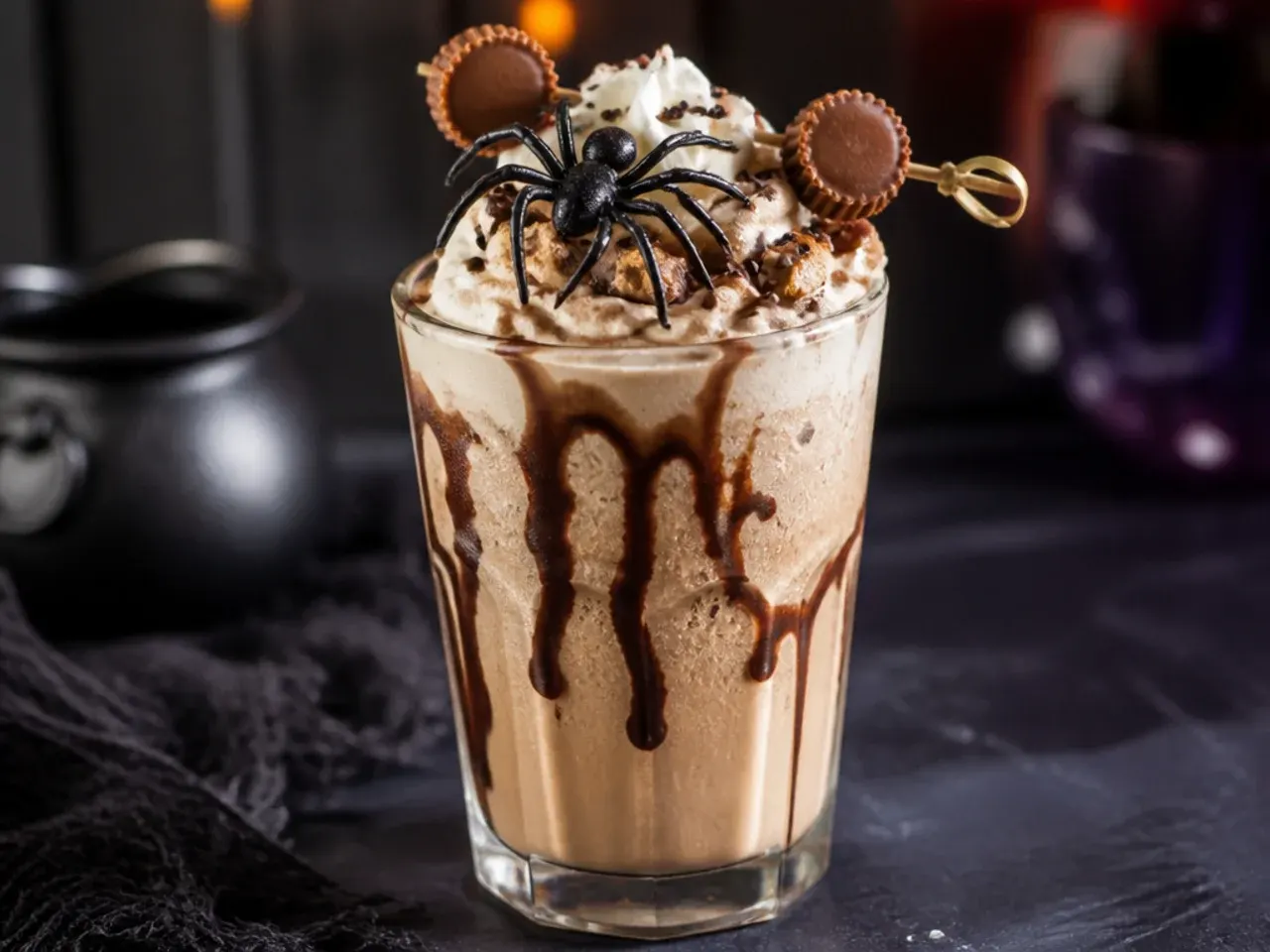 Chocolate peanut butter milkshake with a chocolate spider decoration on top and drizzled spider legs on the glass