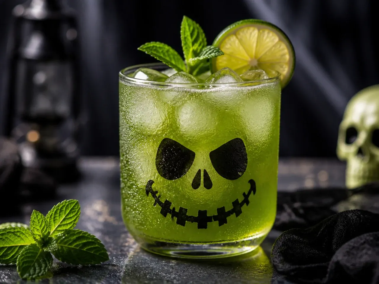 Glowing green iced tea in a glass with a fresh apple slice garnish