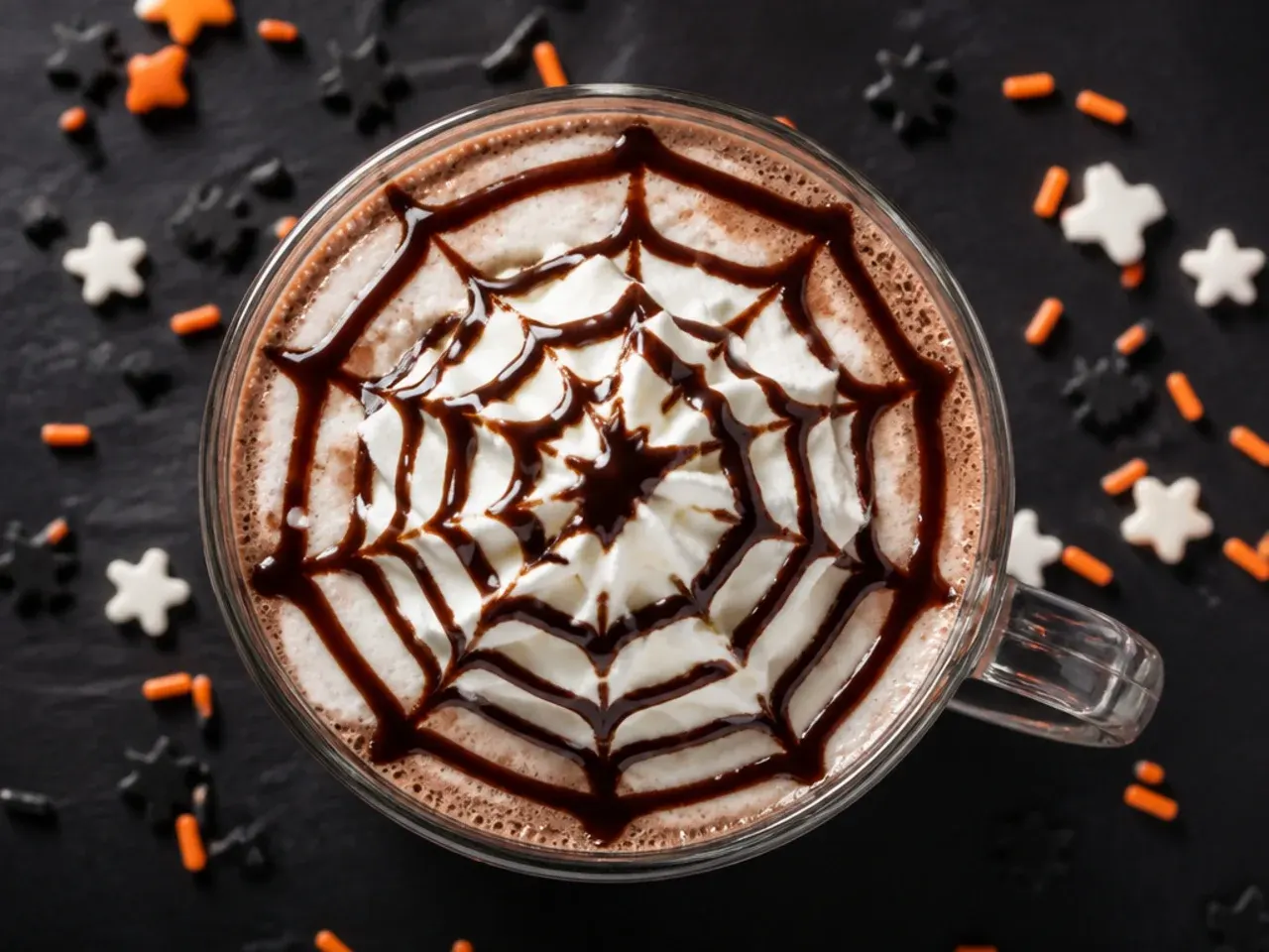 Mug of hot chocolate topped with whipped cream and a white chocolate spiderweb design