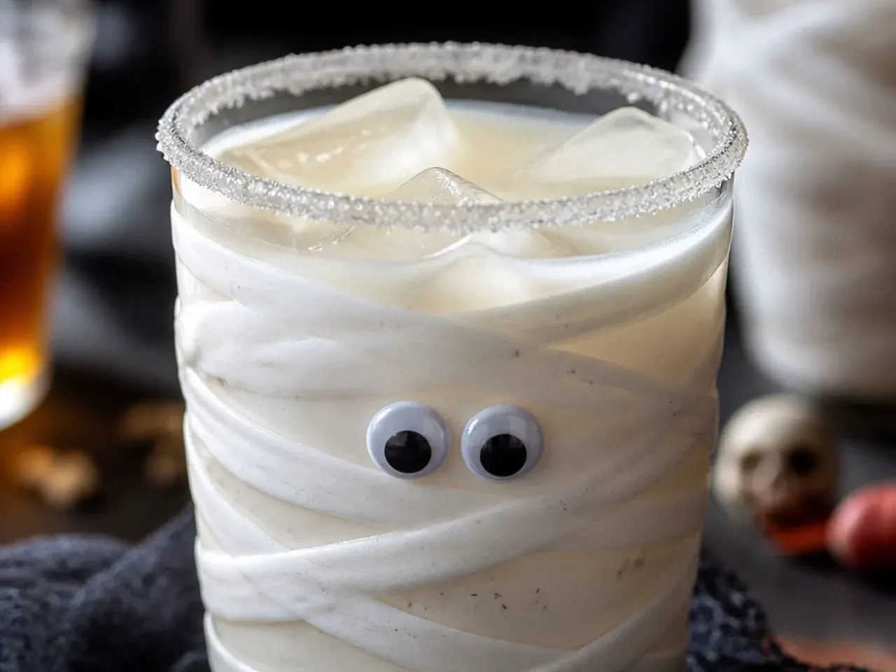 Creamy white milk punch in a glass wrapped in fondant bandages to look like a mummy with candy eyes