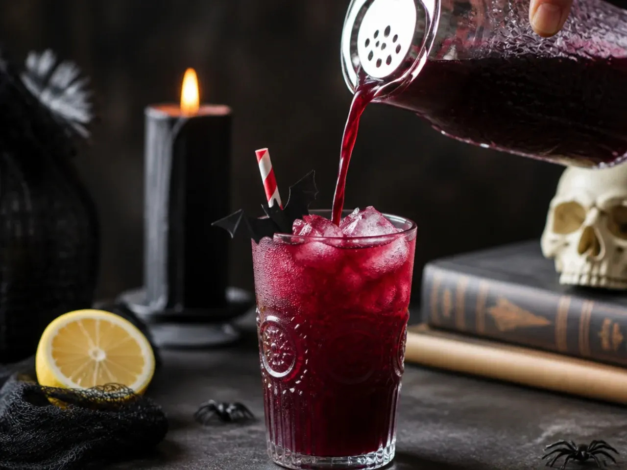 Dark red-purple bat's blood lemonade in a clear glass with a blackberry skewer garnish