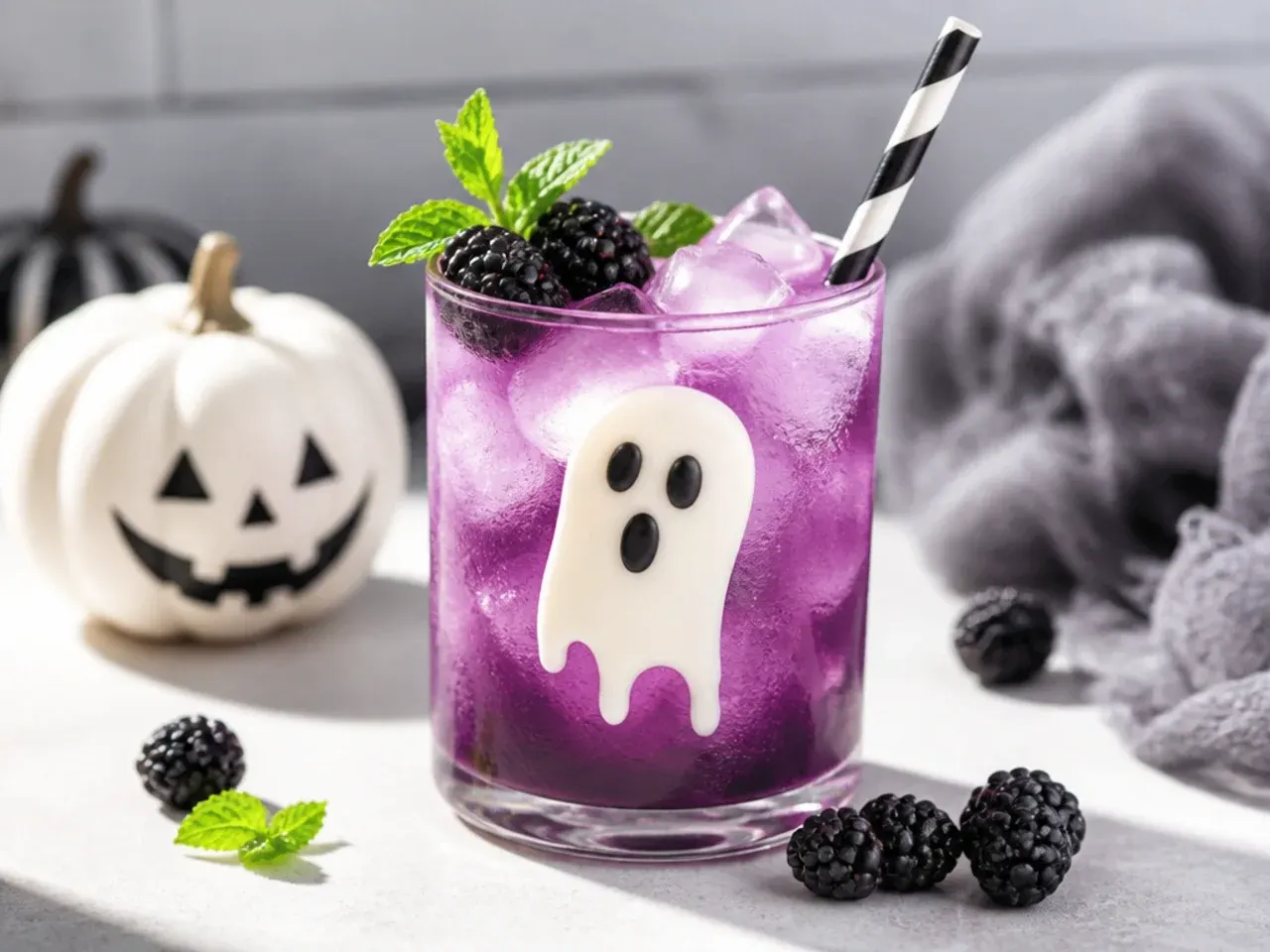 Halloween drink garnishes laid out including candy eyeballs, gummy worms, liquorice and sanding sugar