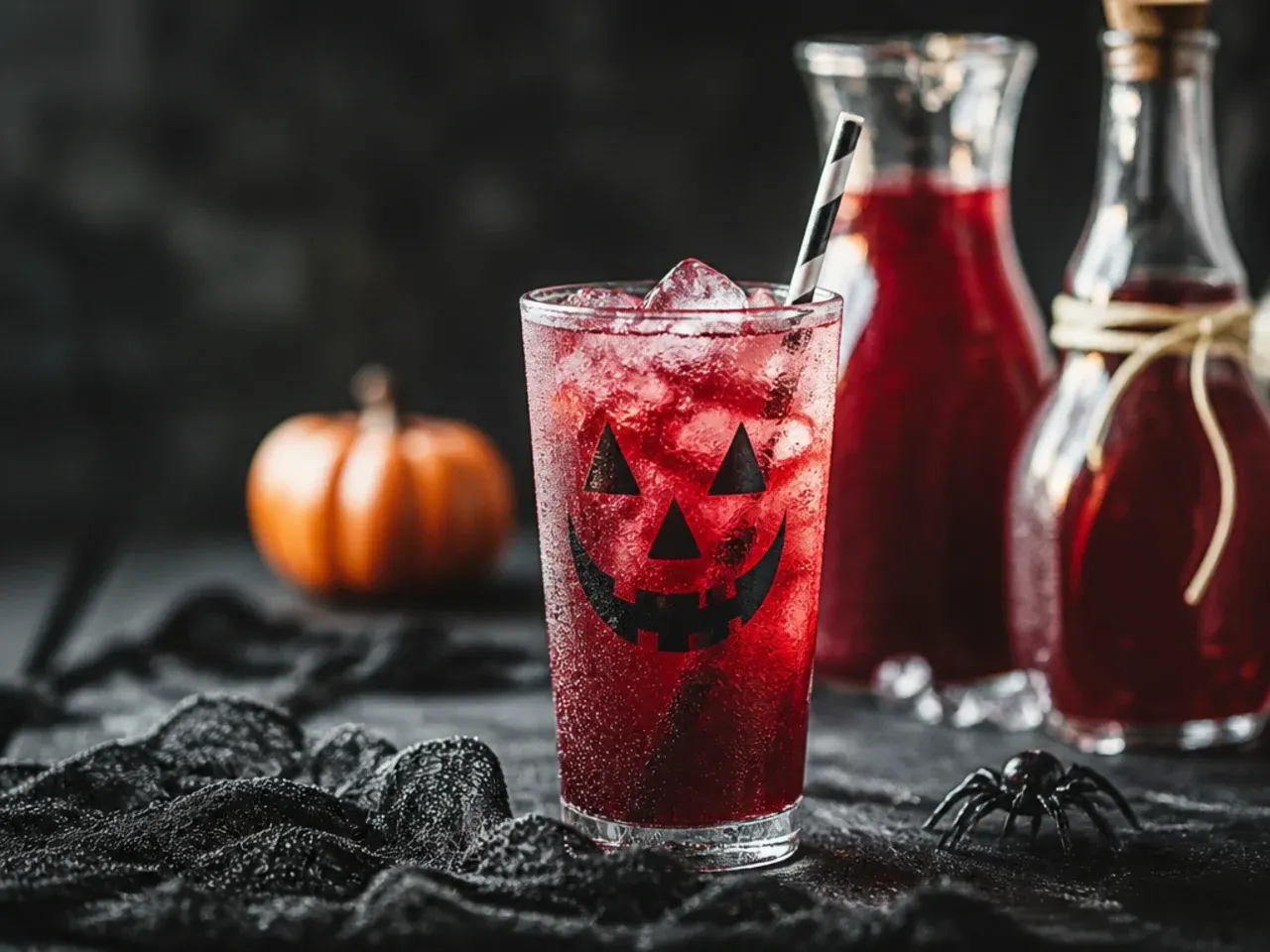 Pitchers of Halloween punch and lemonade lined up in a fridge ready for a party