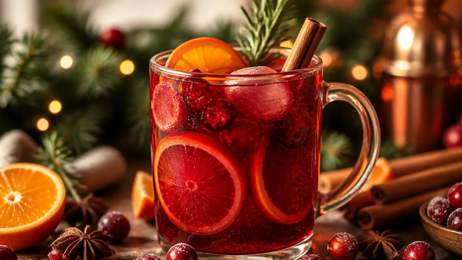 A festive spread of cute holiday drinks in clear glass mugs topped with whipped cream, crushed candy cane, and cinnamon sticks on a wooden table