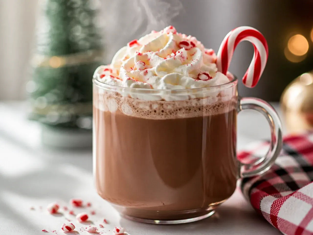 Overhead shot of several cute holiday drinks arranged on a table with candy canes and cinnamon sticks