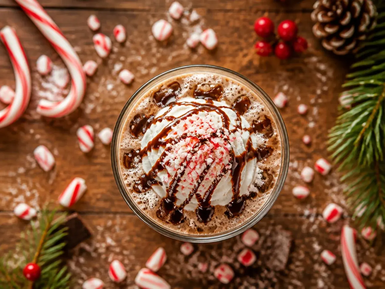 Iced peppermint mocha in a tall glass with whipped cream and crushed candy cane garnish