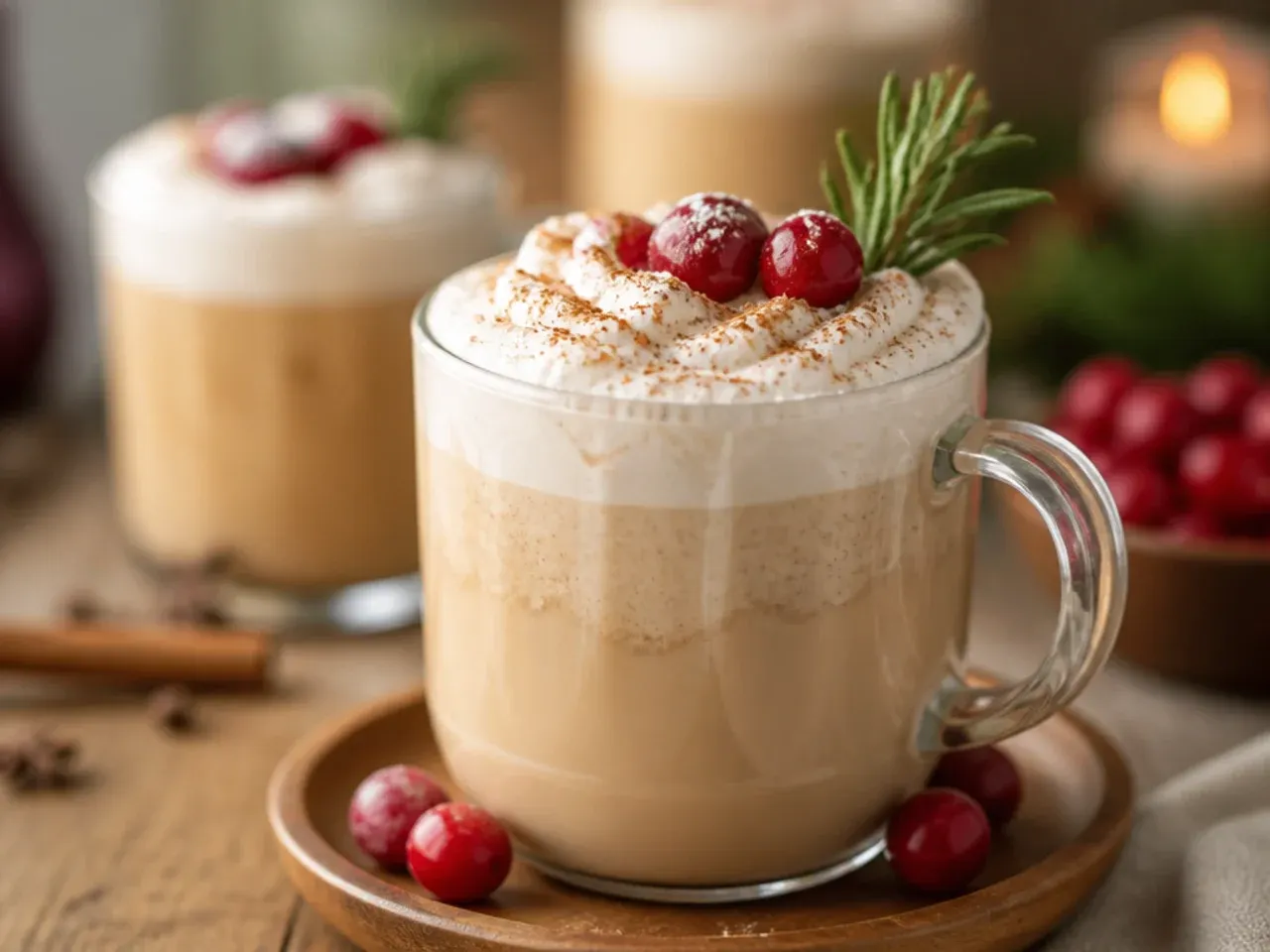Classic eggnog latte in a clear glass mug with a marbled cream top and nutmeg dusting