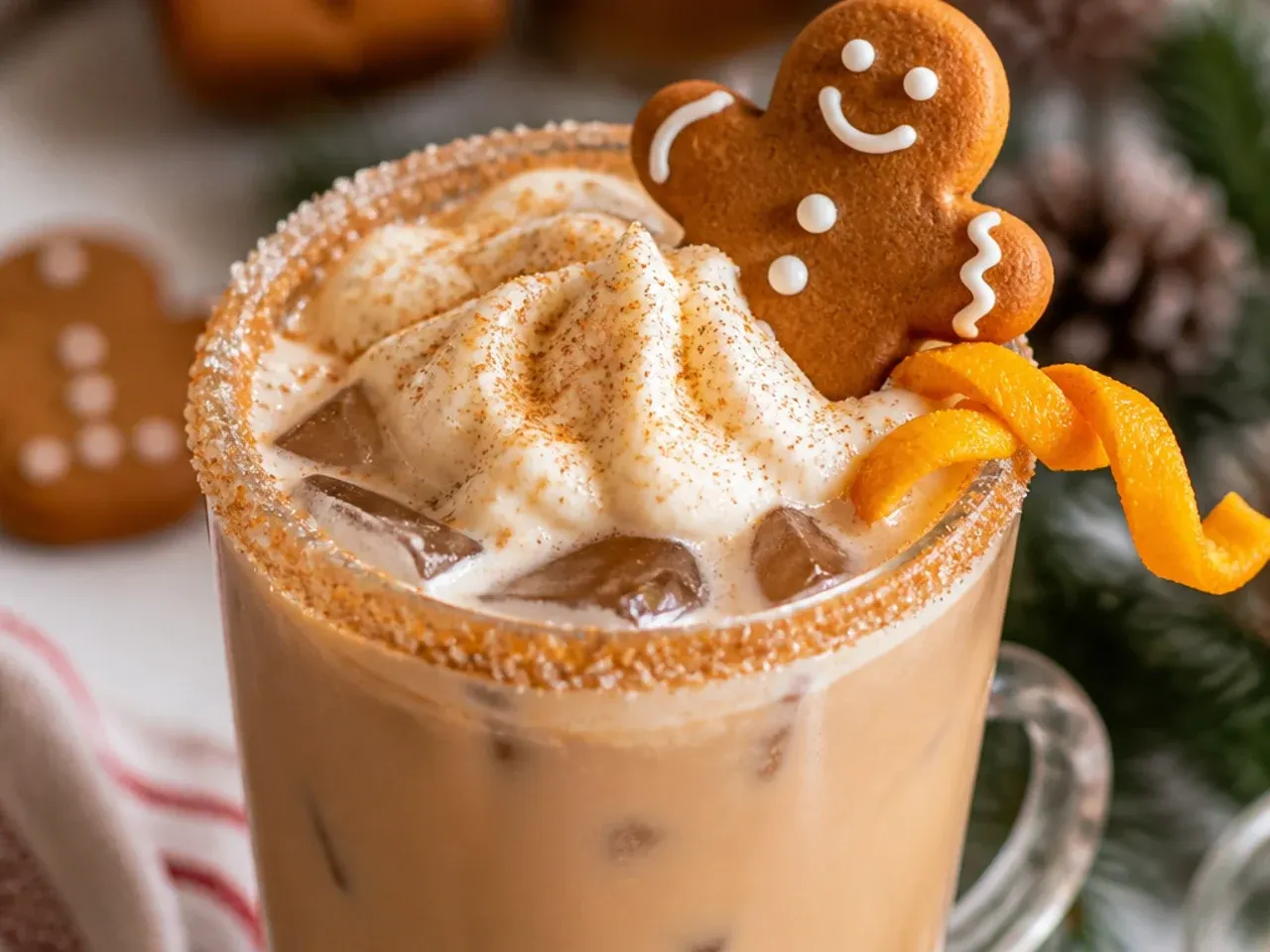 Copycat gingerbread latte with whipped cream and cinnamon in a glass mug on a wooden tray