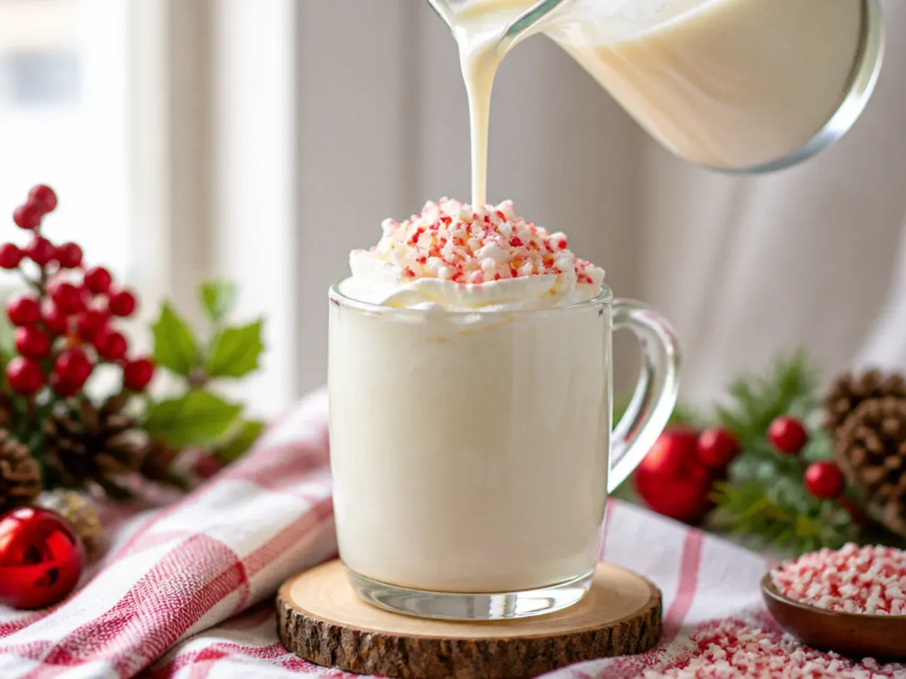 Creamy white hot chocolate in a mug topped with mini marshmallows and a cinnamon stick