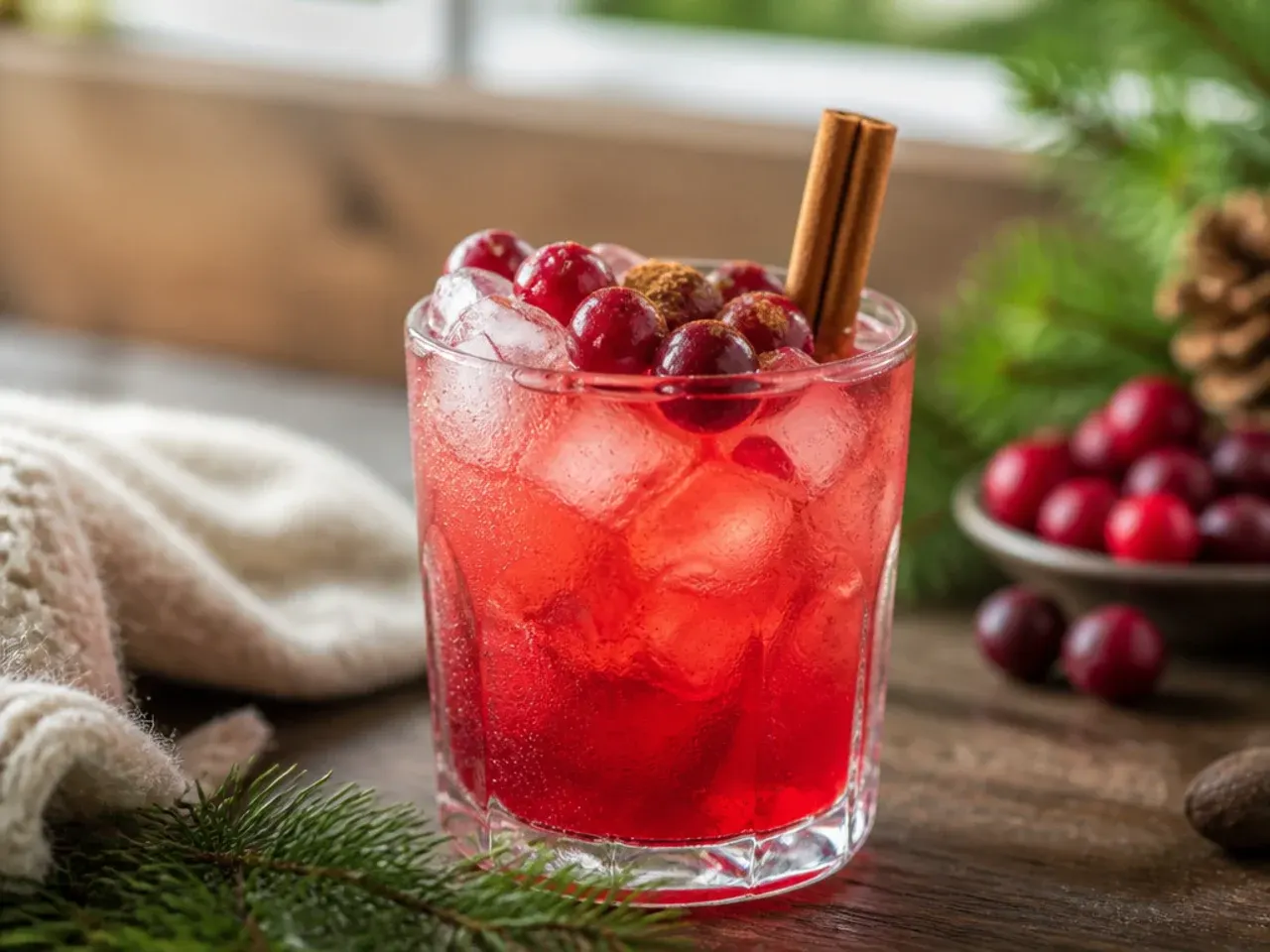 Refreshing cranberry ginger spritz in a tall glass with floating cranberries and a rosemary sprig