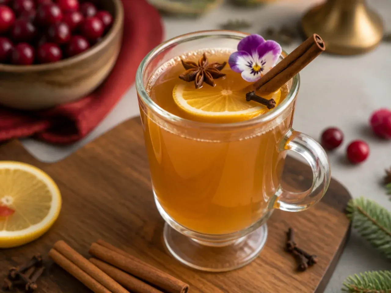 Cozy spiced chai toddy in a glass mug with a cinnamon stick and star anise garnish