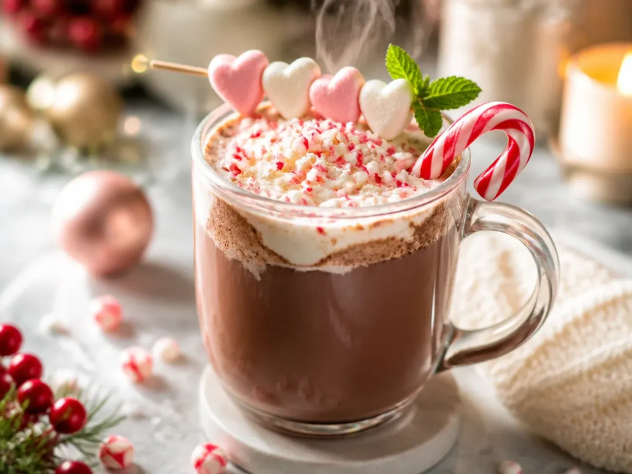 Sweet candy cane hot cocoa in a mug with a candy cane rim and whipped cream swirl