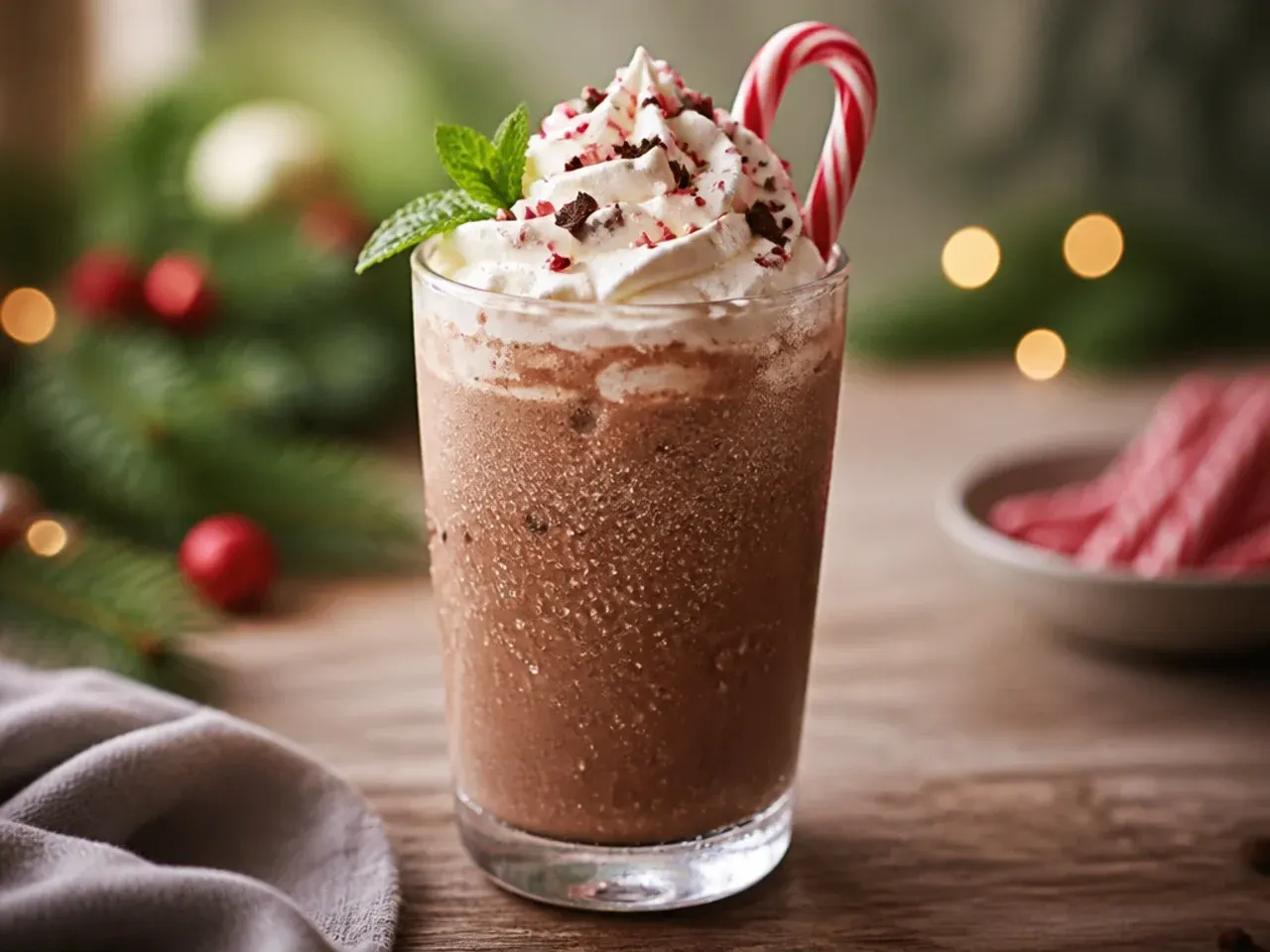 Frozen peppermint mocha frappe in a tall glass with whipped cream and chocolate drizzle