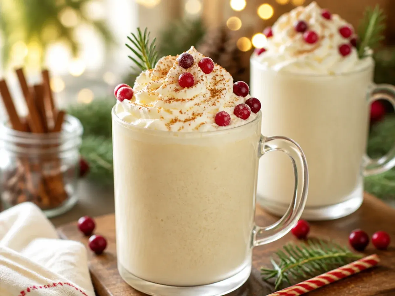 Blended eggnog milkshake in a glass with whipped cream and a gingerbread cookie garnish