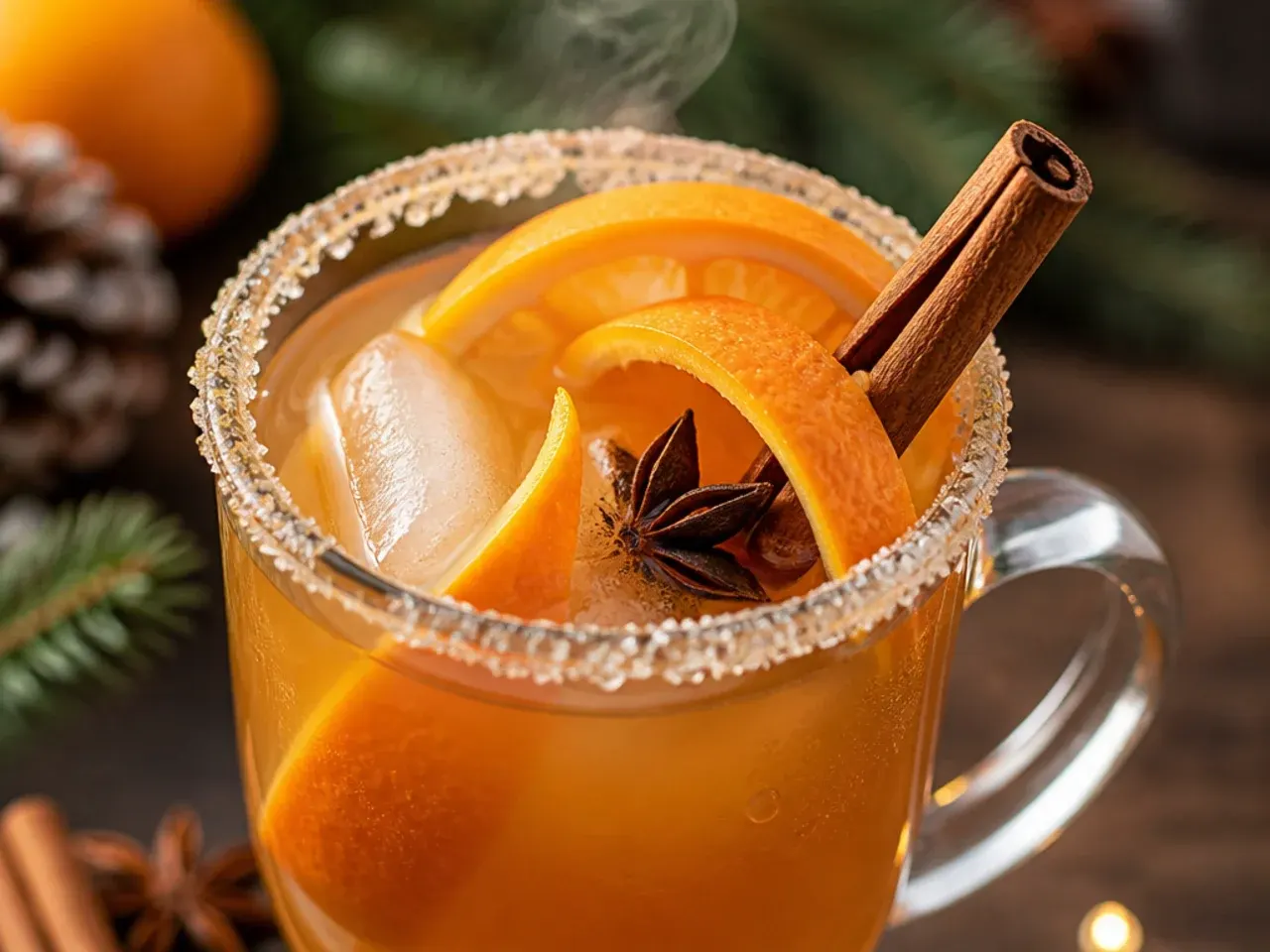 Spiced orange mulled cider in a glass mug with orange wheels and star anise