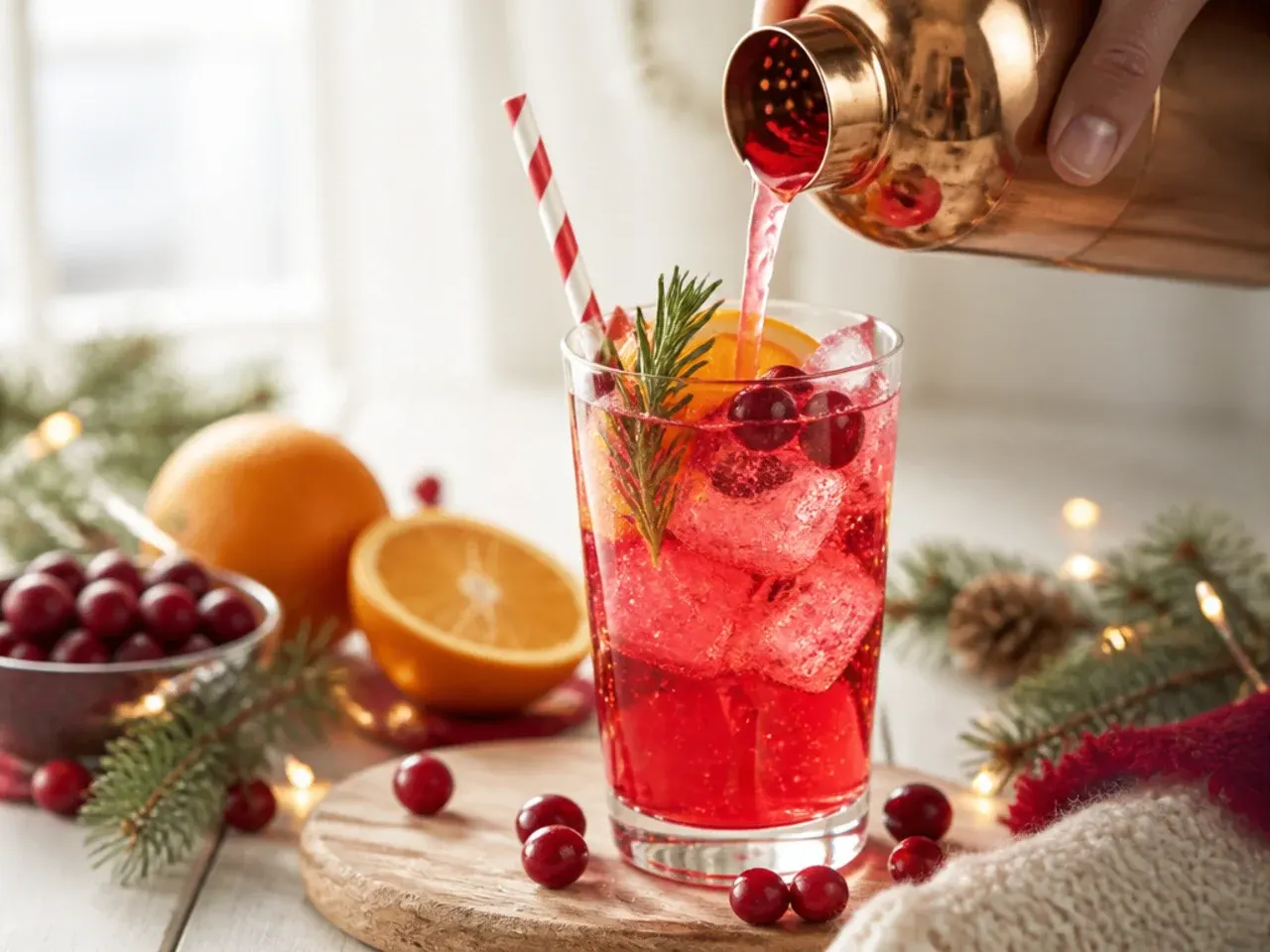Festive cranberry orange fizz in a glass with a sugared cranberry garnish and orange peel