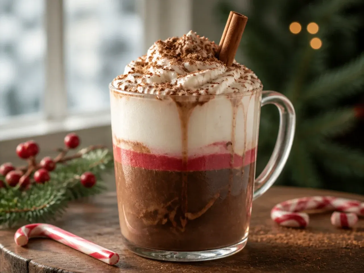 Layered candy cane cocoa in a clear glass mug showing distinct pink and white layers