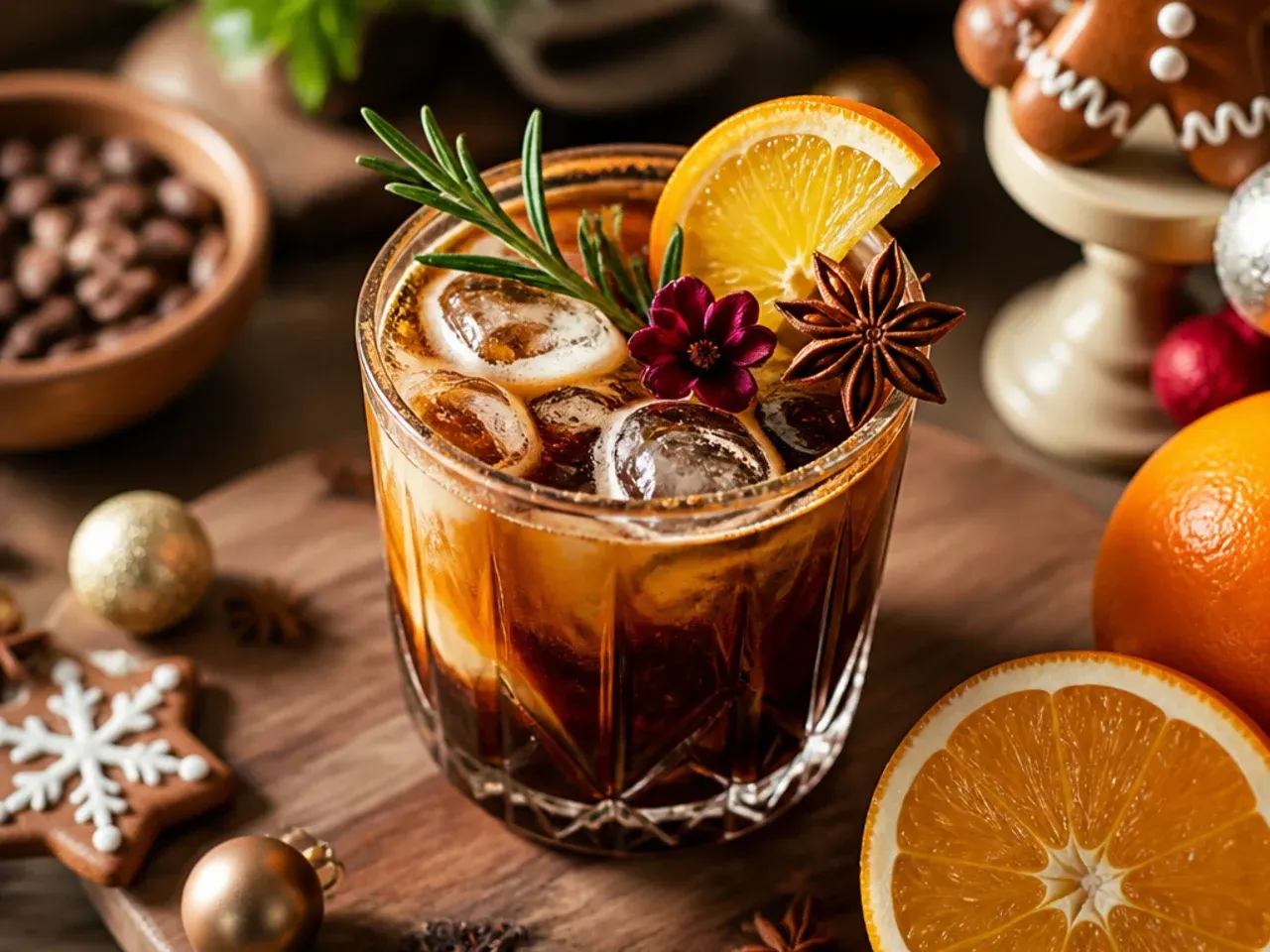Bold espresso gingerbread mocktail in a coupe glass with a frothy top and cinnamon dust