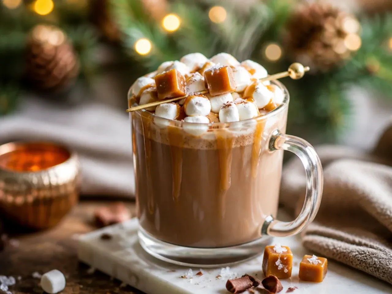 Smooth salted caramel hot chocolate in a mug with caramel drizzle and flaky salt