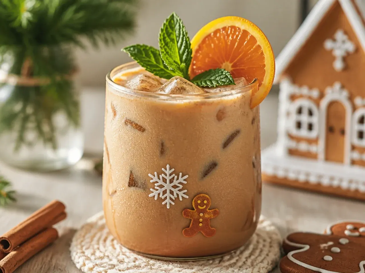 Iced gingerbread oat milk latte in a glass with visible layers and cinnamon dust