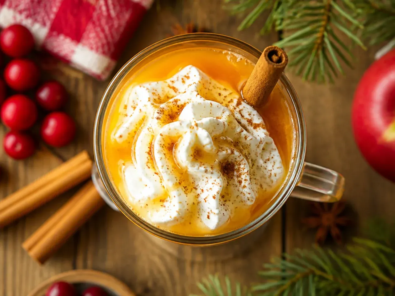 Classic hot buttered cider in a mug with a glossy buttery swirl and cinnamon stick