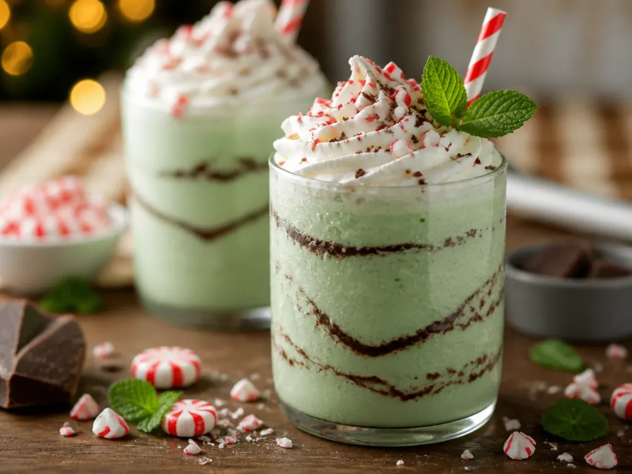 Copycat peppermint frappuccino in a glass lined with chocolate sauce and whipped cream on top