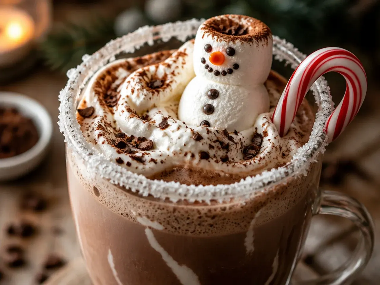 Creamy snowman hot chocolate in a mug with a marshmallow snowman face floating on top
