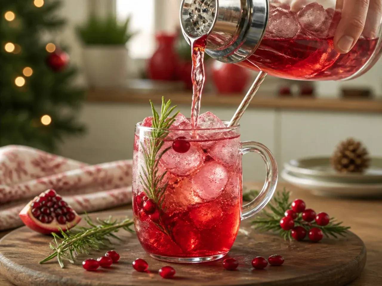 Sparkling pomegranate rosemary punch in a large glass pitcher with pomegranate arils and rosemary sprigs, surrounded by filled glasses