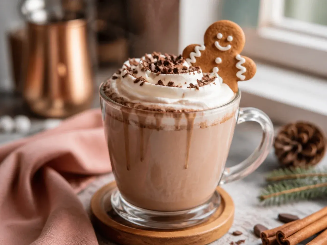 A festive garnish station with candy canes, cinnamon sticks, whipped cream, and sprinkles