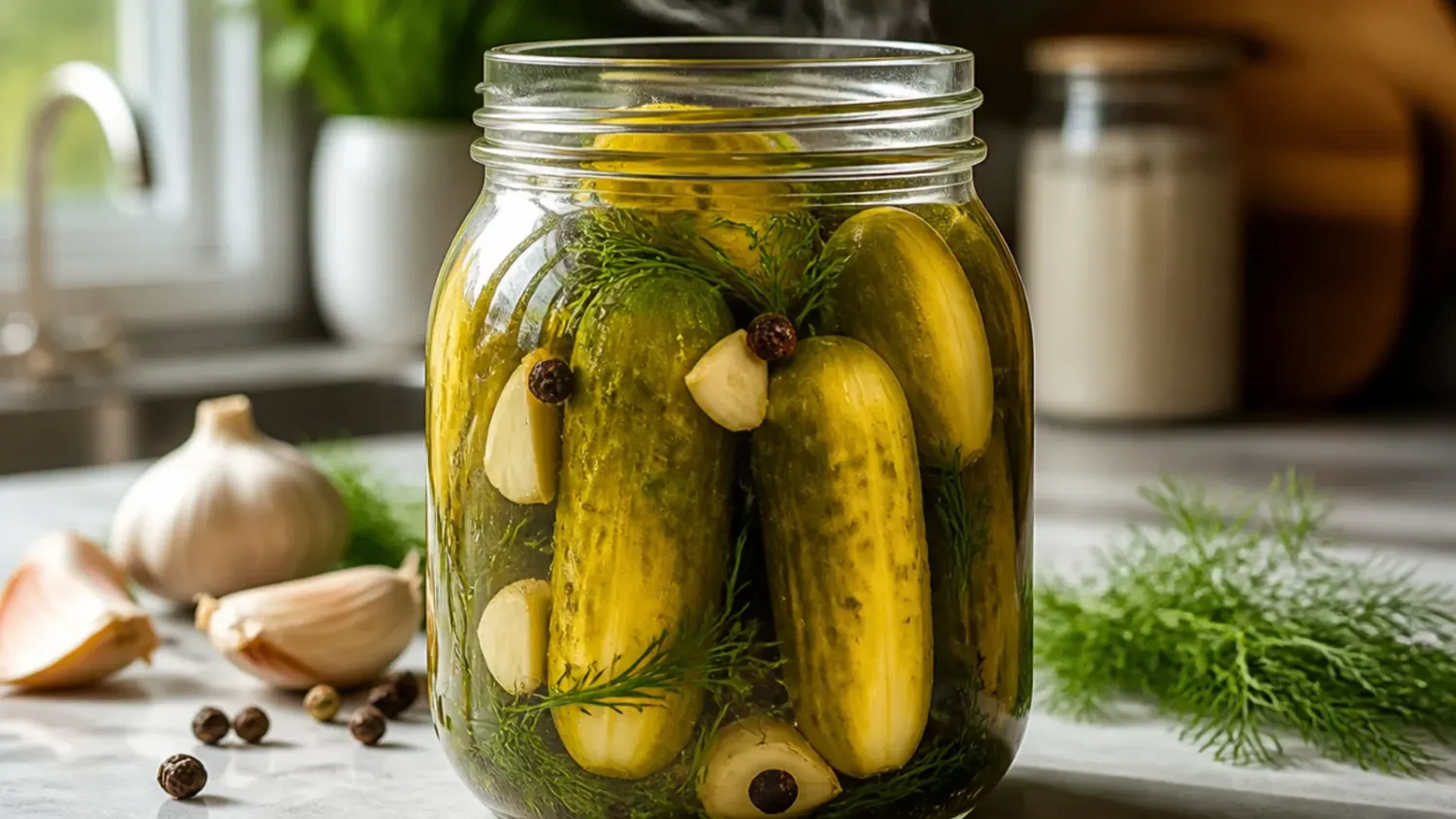 Open glass jar of crunchy homemade dill pickle spears in brine with garlic cloves and fresh dill sprigs, sitting on a wooden kitchen counter.