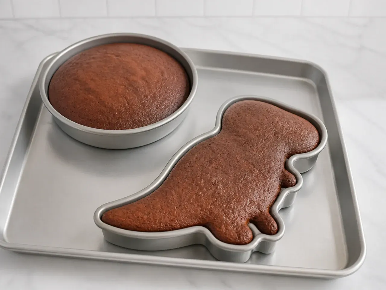 dinosaur birthday cake — step 3: bake the sponges