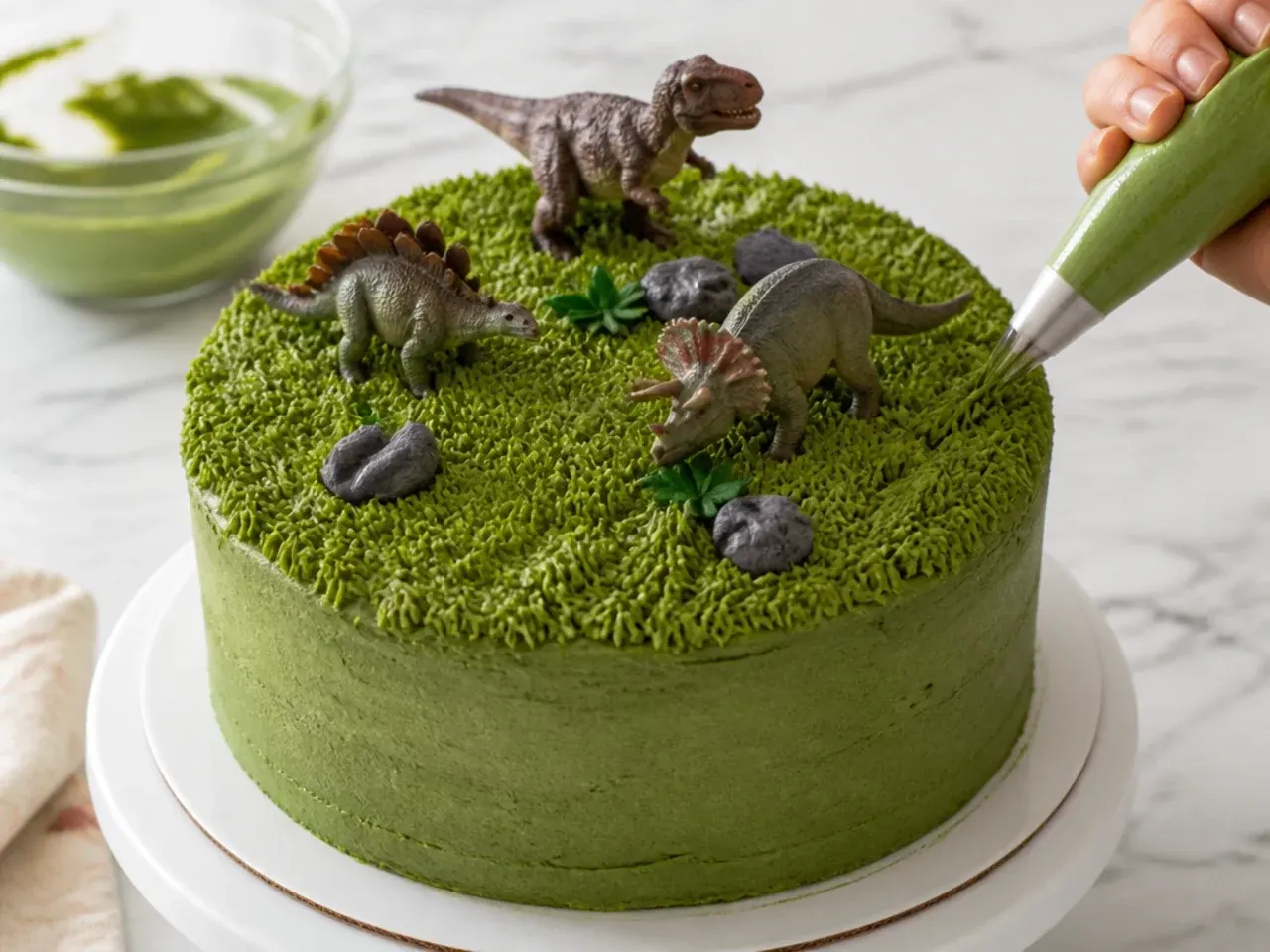 dinosaur birthday cake — step 6: final coat and grass texture