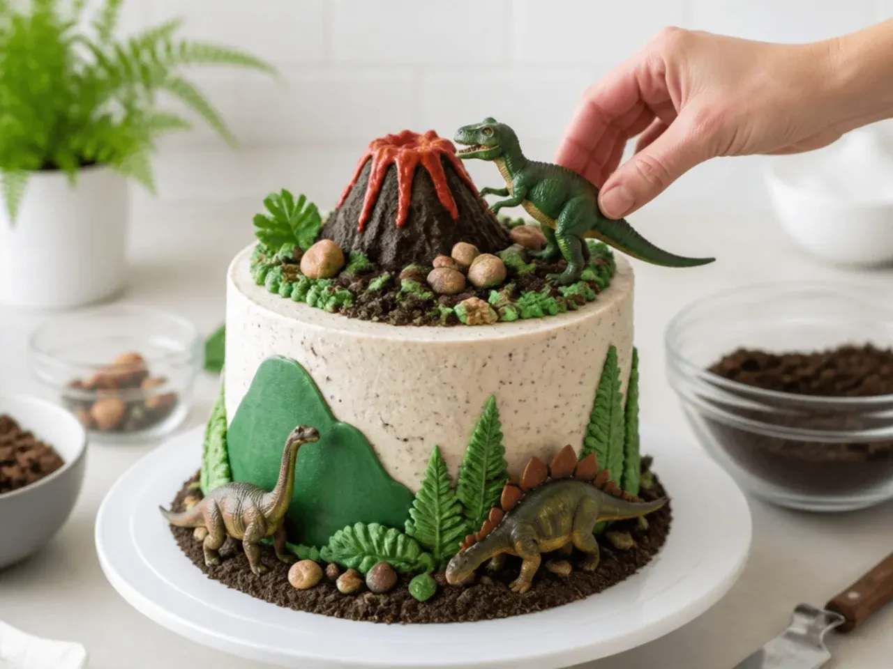dinosaur birthday cake — step 7: build the dinosaur scene