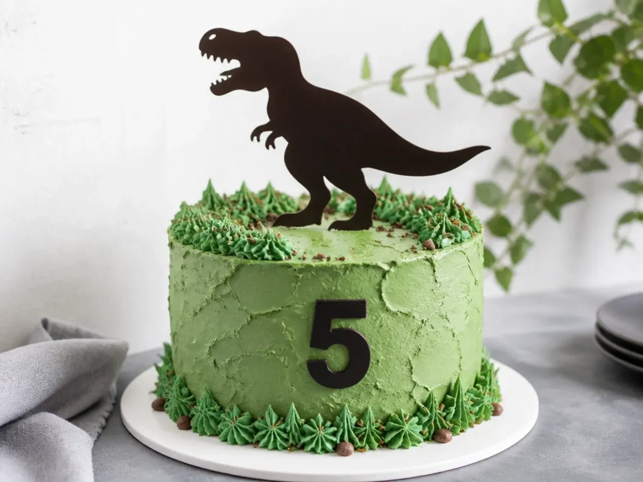 Classic green buttercream dinosaur birthday cake with a chocolate T-rex silhouette topper