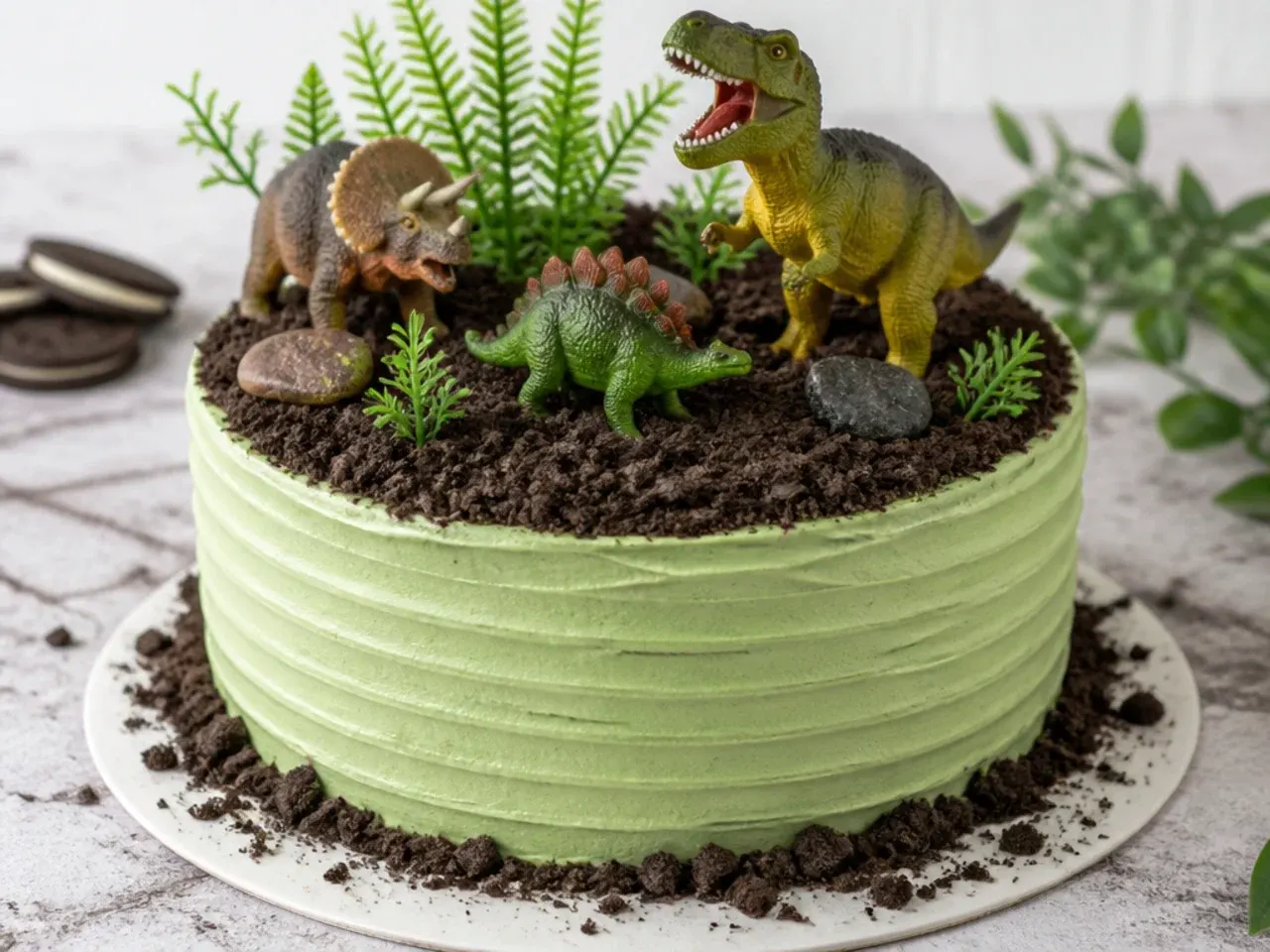 Easy dinosaur birthday cake topped with crushed Oreo soil and toy dinosaurs