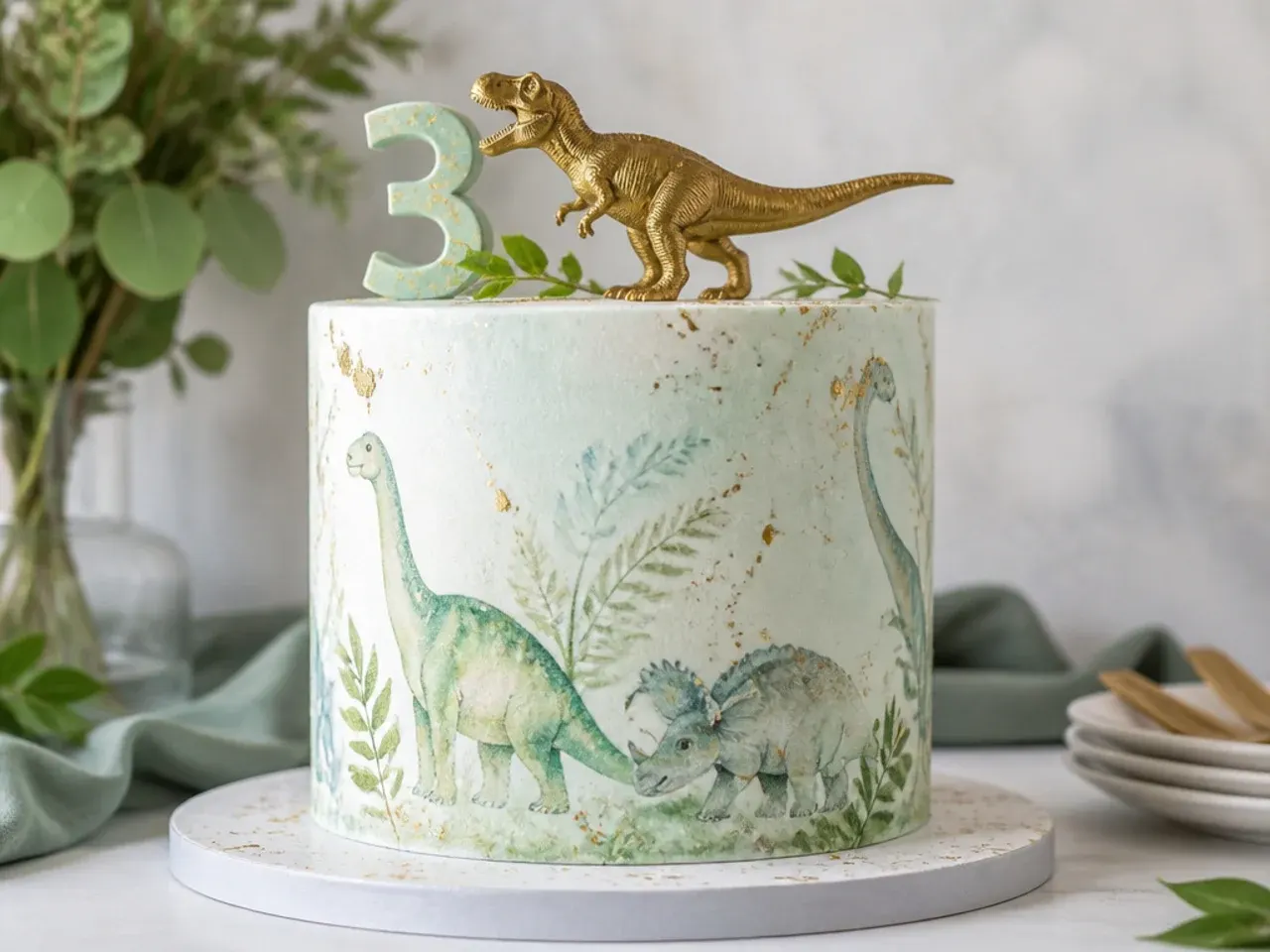 Elegant watercolour dinosaur birthday cake with gold splatter and a gold dinosaur topper