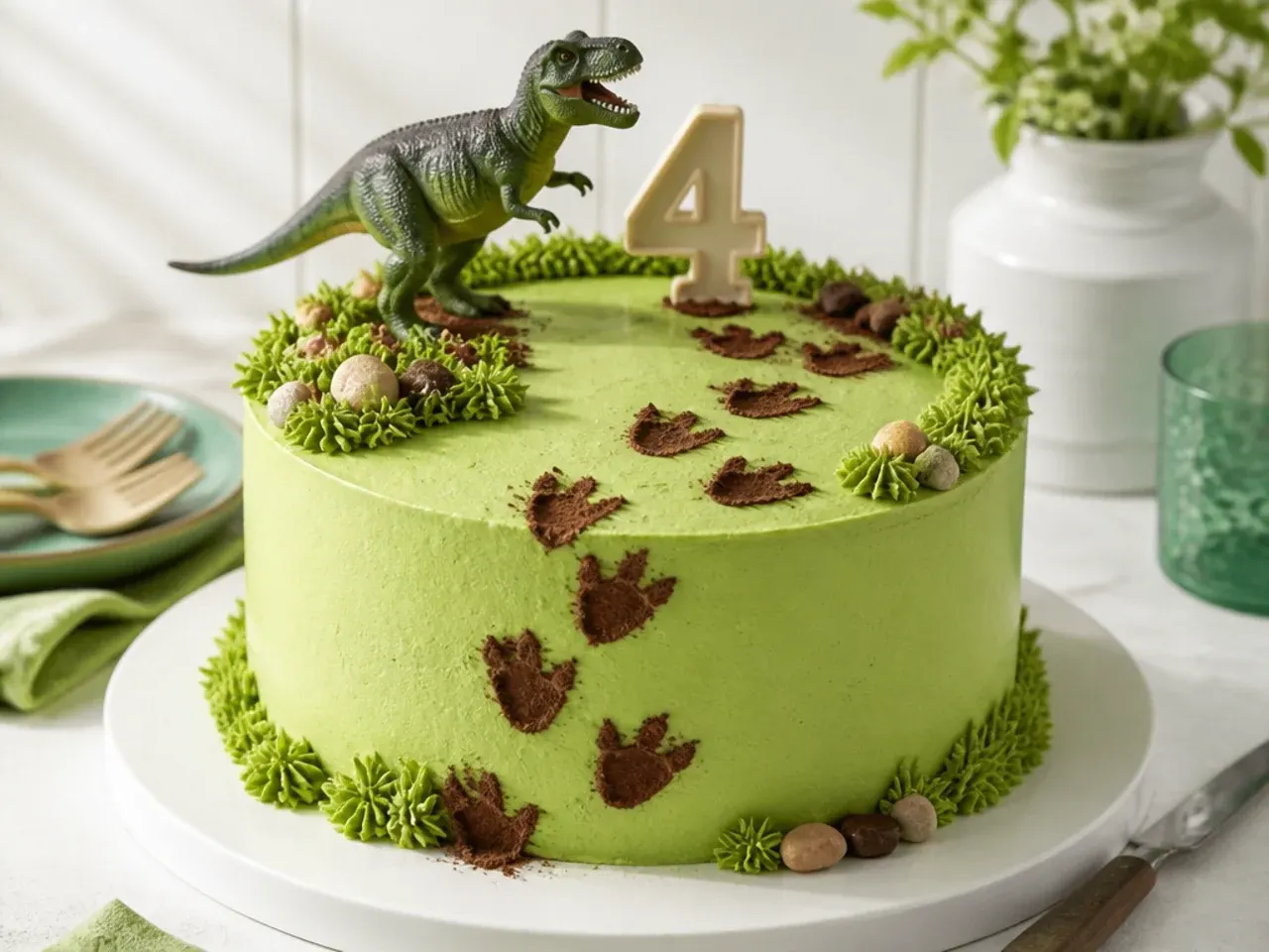 Playful dinosaur birthday cake with cocoa-dusted footprints stomping across green buttercream
